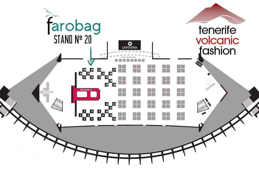 Plano de la nave del recinto ferial de Tenerife con los puestos y marcado el de Farobag
