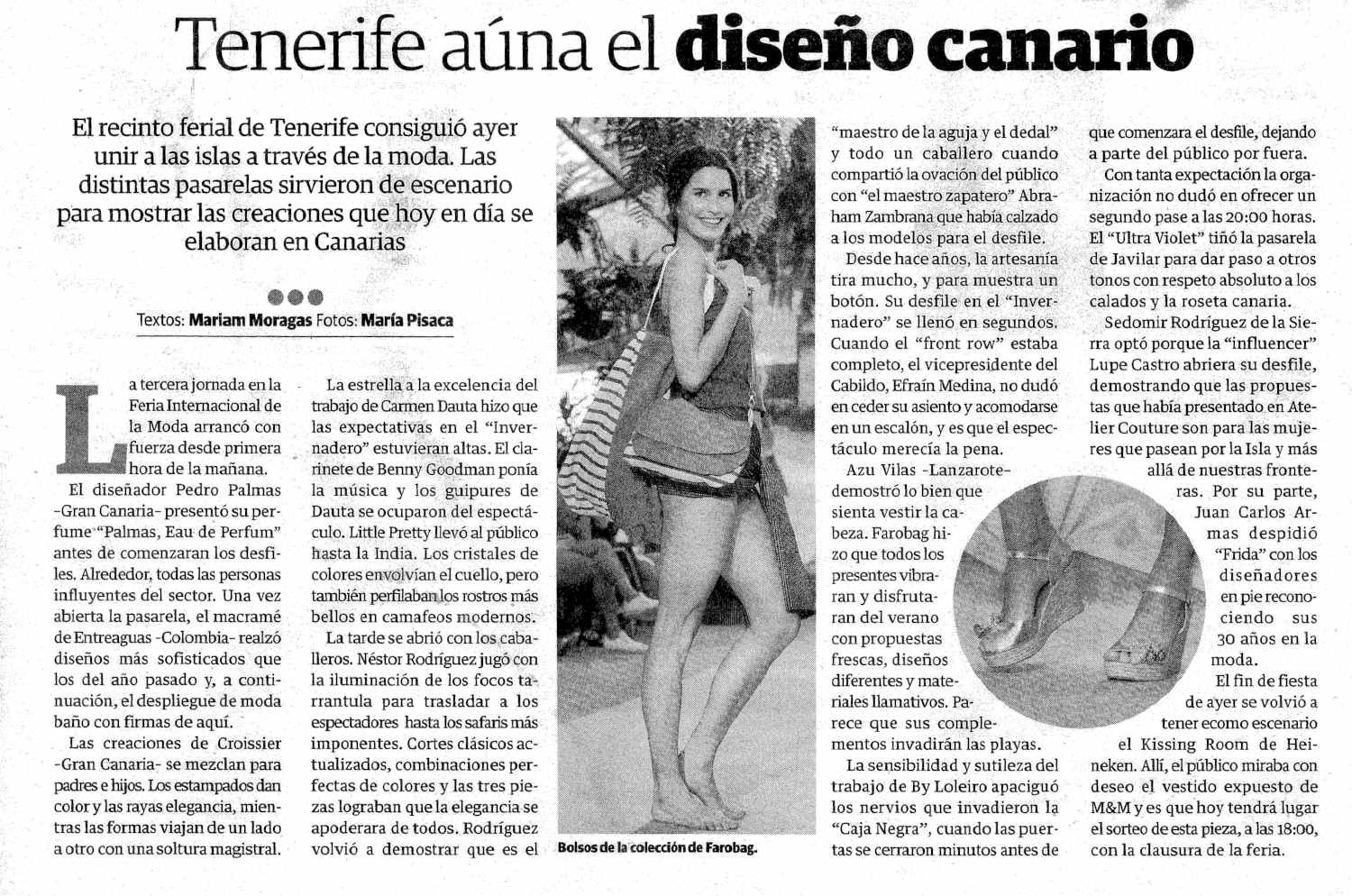Artículo de prensa en el periódico El Día sobre la Feria Internacional de la Moda de Tenerife en Abril 2018 que habla sobre los bolosos de tela de Farobag