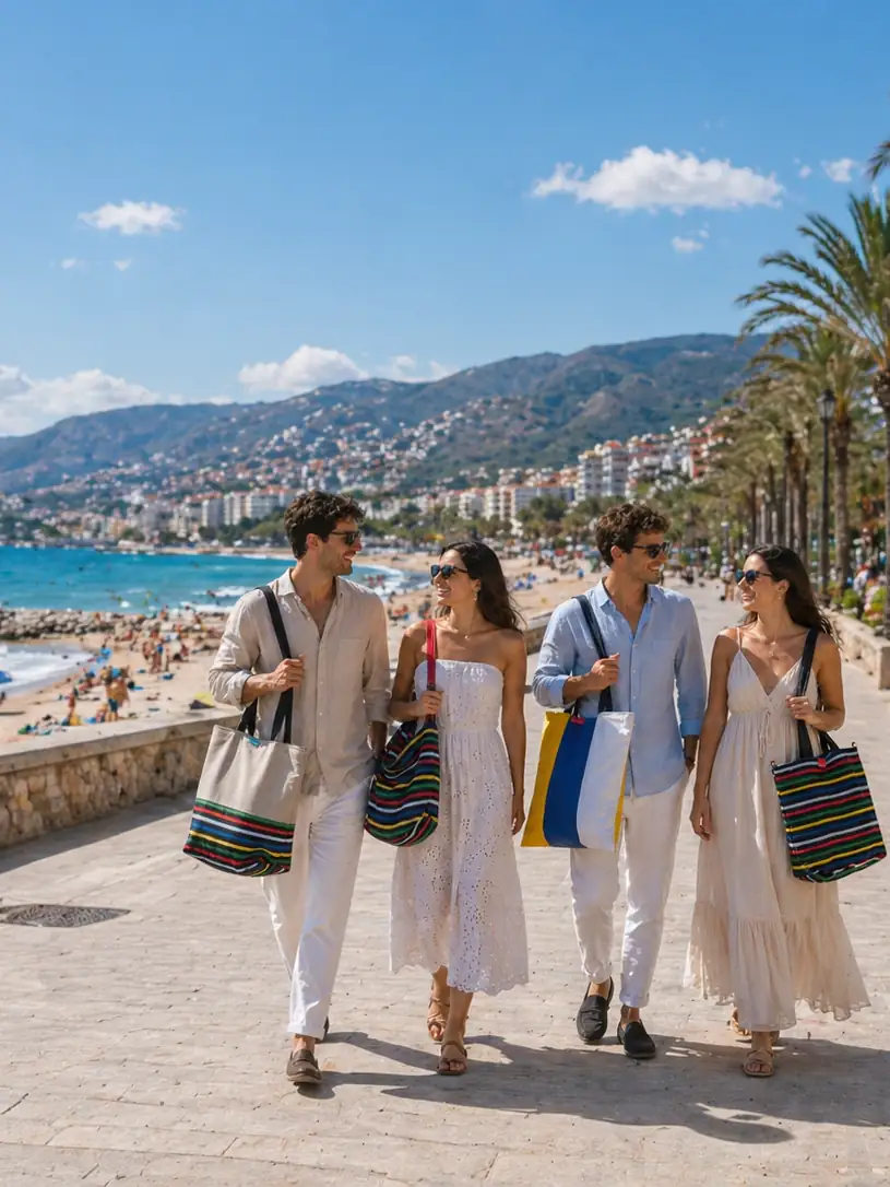 Cuatro personas paseando por un paseo marítimo al lado de un aplaya llevando bolsos de la marca Farobag